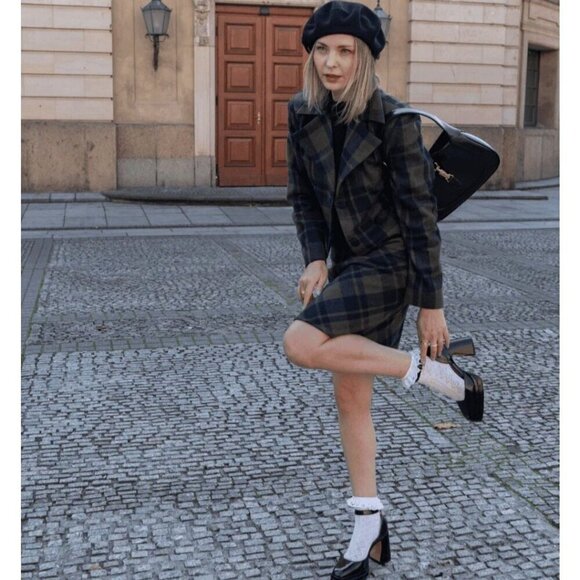 Timeless London Green Plaid Cropped Woolen Blazer Size 16 - Picture 3 of 8